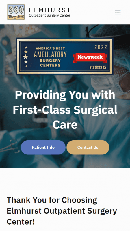 The Elmhurst Outpatient Surgery Center homepage features a blue background.