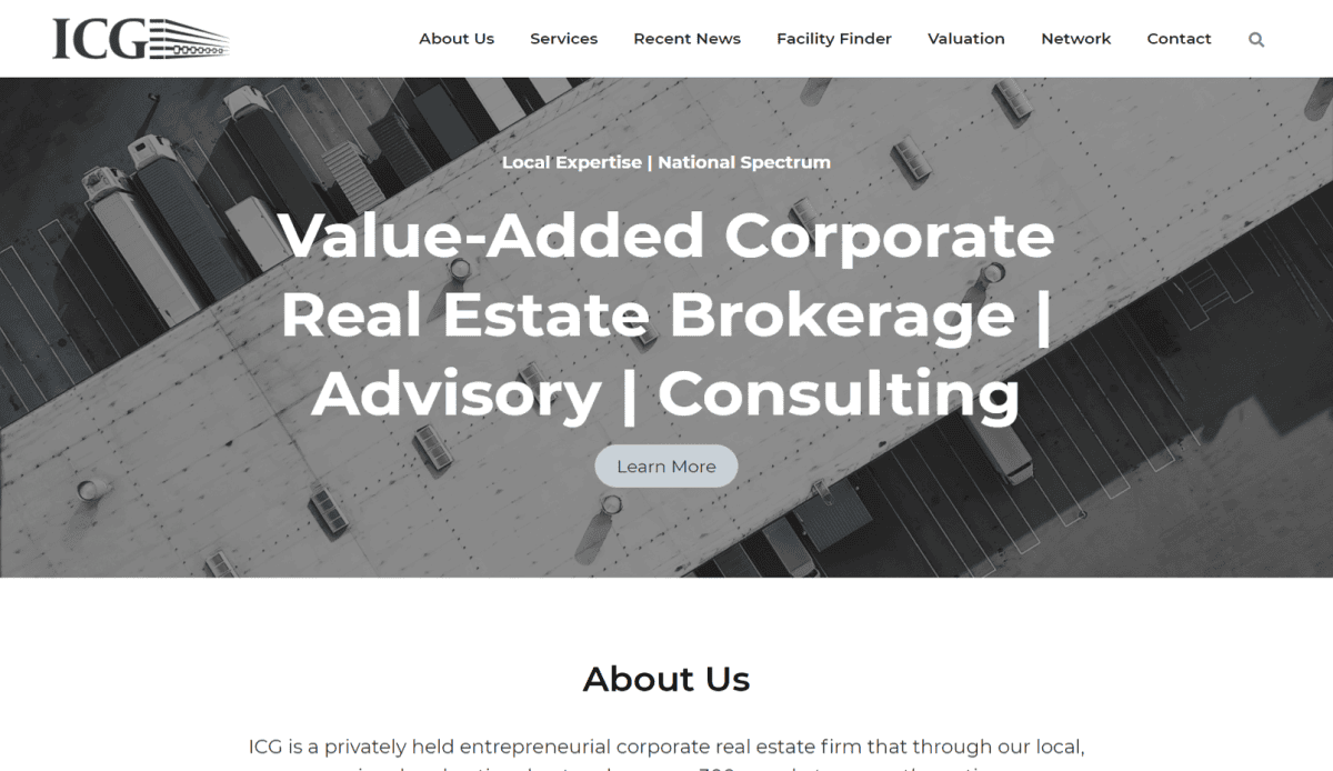Screenshot of a corporate real estate website featuring service descriptions, statistics, partner logos, and navigation menus in a clean, professional layout with images of people collaborating and modern office buildings.
