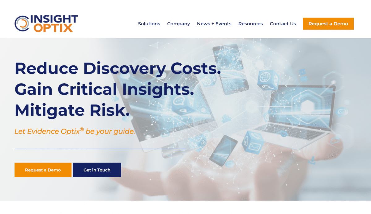 The Insight Optix homepage features a blue and orange background.