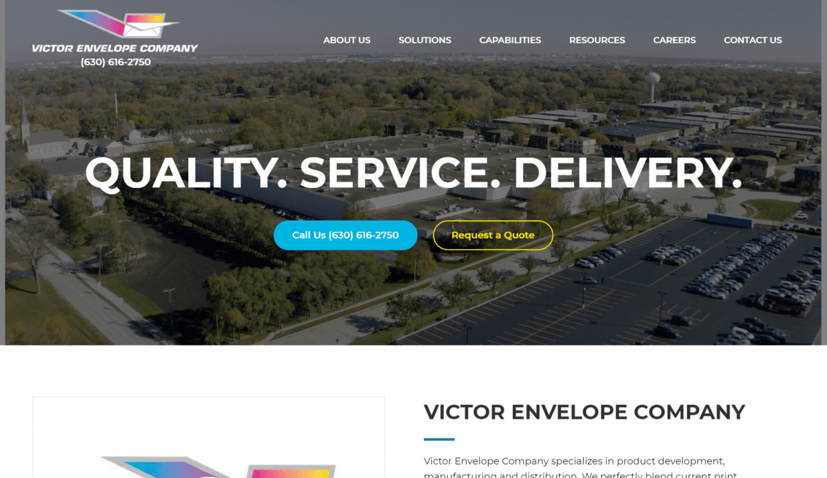 A website design for Victor Envelope, a quality service group.