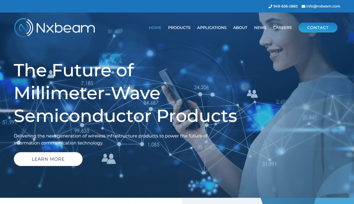 A website design for Nxbeam, a company with a blue background.