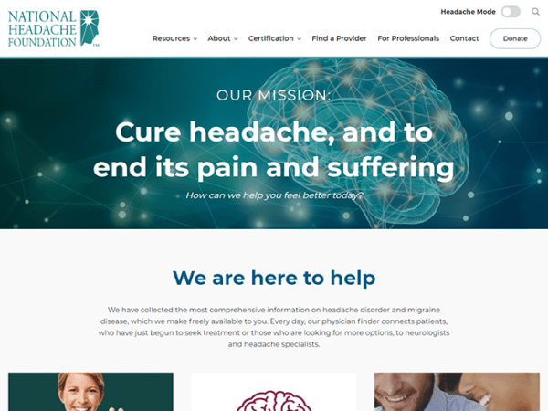 The homepage of the national health care website partnered with the National Headache Foundation.