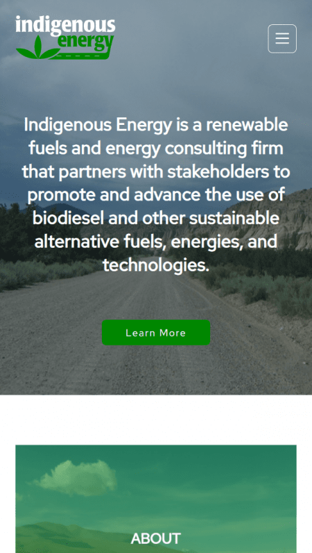 A website promoting Indigenous Energy with a green and white design featuring a green background.