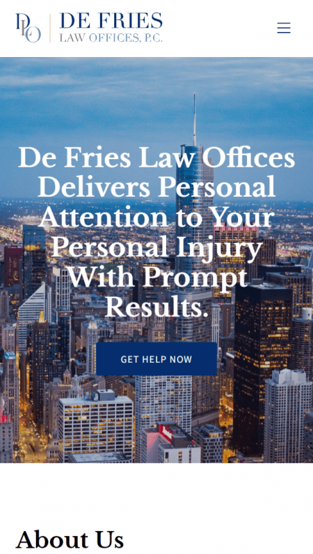 A website page showcasing De Fries Law office against a serene blue sky backdrop.