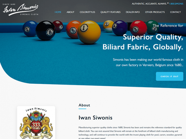 A website design for a billiards company showcasing the renowned Iwan Simonis cloth.