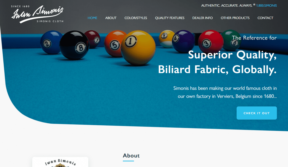 Website design for a billiards club featuring Iwan Simonis cloth.
