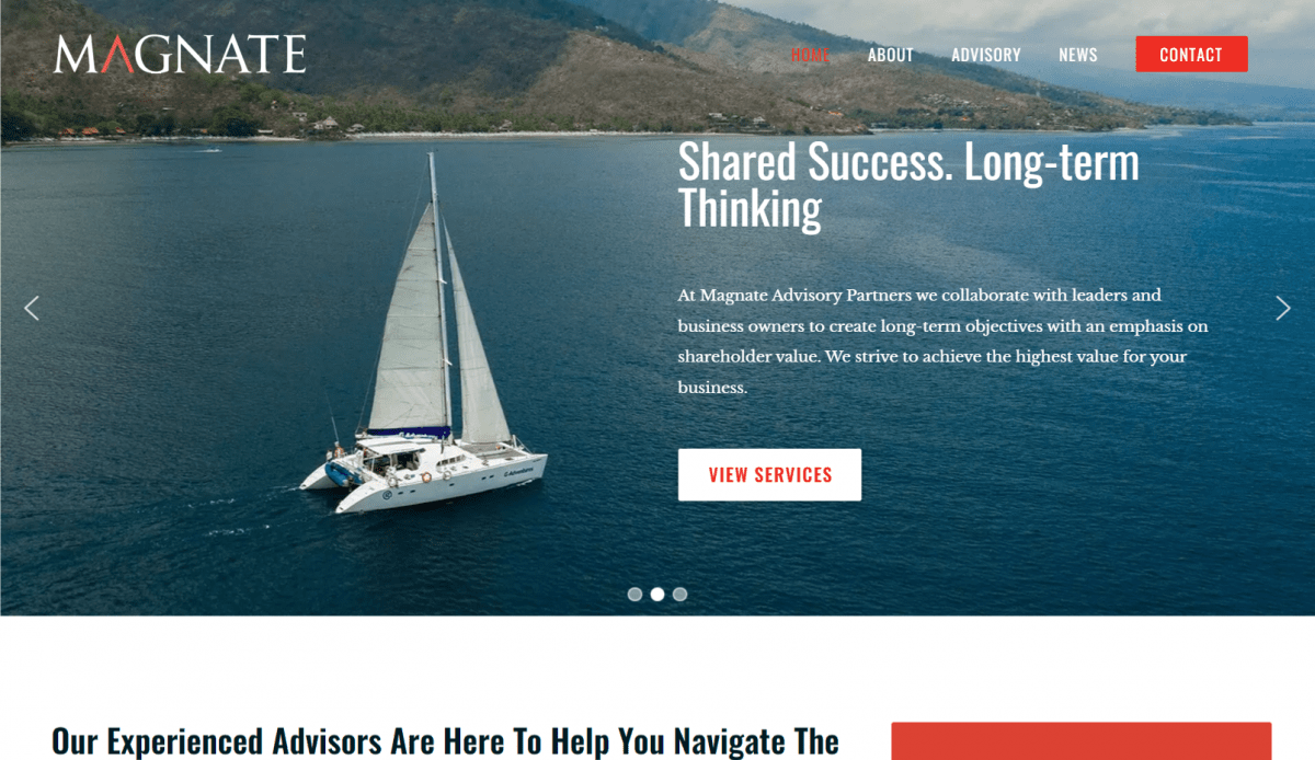 A website design for Magnate Advisory Partners, a sailing company.