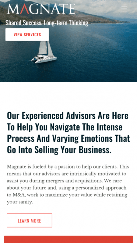 The homepage of Magnate Advisory Partners with a red, white, and blue background.