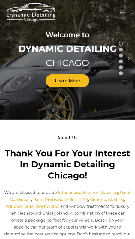 A web page showcasing Dynamic Detailing with a picture of a car.