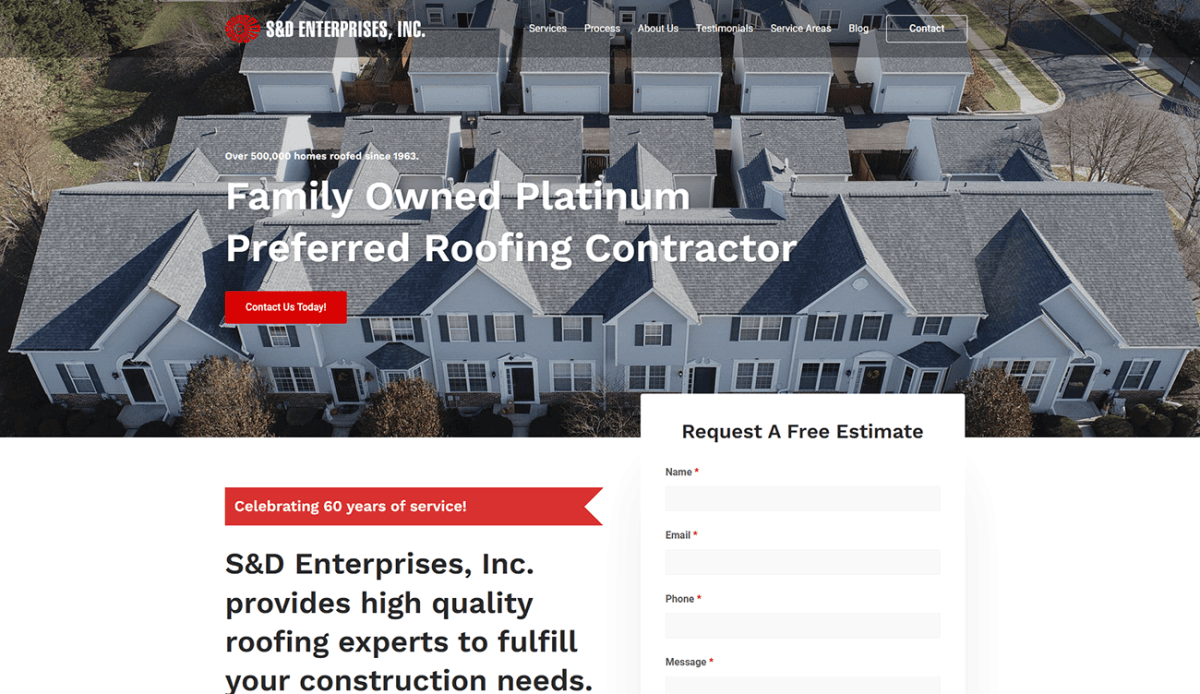 A roofing company website for S&D Enterprises featuring an aerial view of houses, services offered, a form for free estimates, team photos, client reviews, certifications, and contact information—all presented within a modern, clean layout.