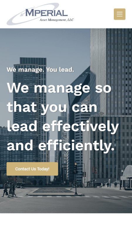 The homepage of Mperial Asset Management with a blue and white background.
