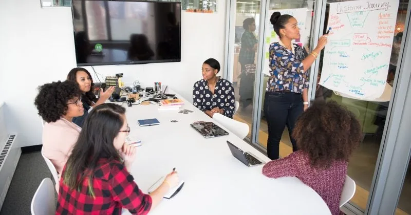 A group of women sitting around a table discussing the importance of small business websites in 2023.