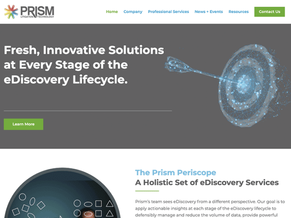 The homepage of the Prism website showcasing litigation technology.