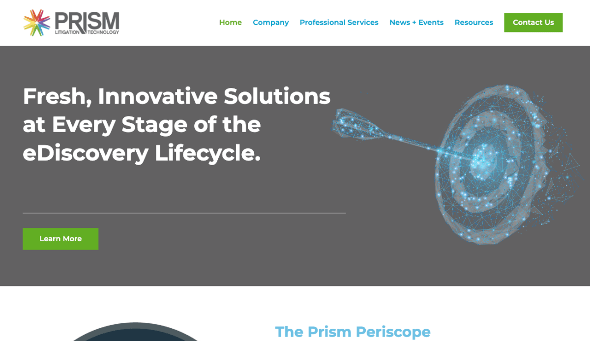 A website design for Prism, a litigation technology company.