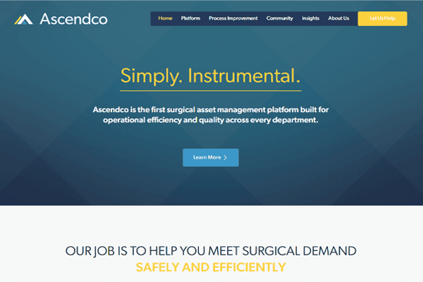 Ascendco website homepage with a blue and yellow theme, menu bar, and text: Simply. Instrumental. Ascendco Health is the first surgical asset management platform built for operational efficiency and quality across every department.