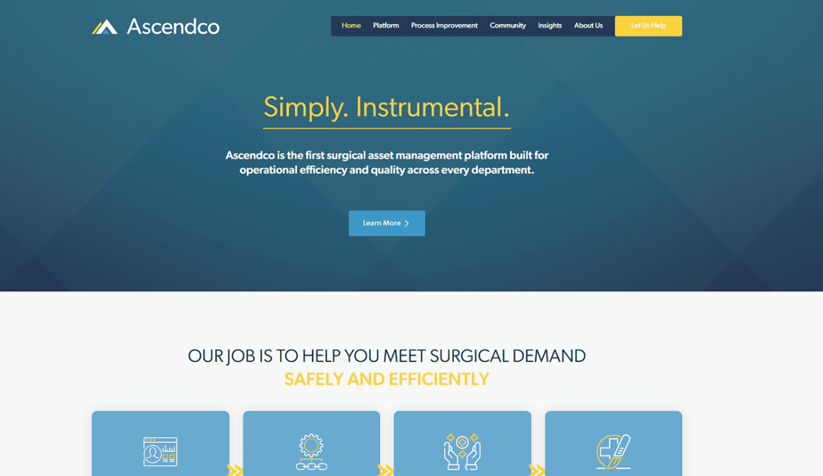Screenshot of Ascendco Health’s homepage featuring a blue and yellow theme, navigation bar, introduction to their surgical inventory platform, illustrated medical team, process improvement graphic, testimonials, and contact information in the footer.