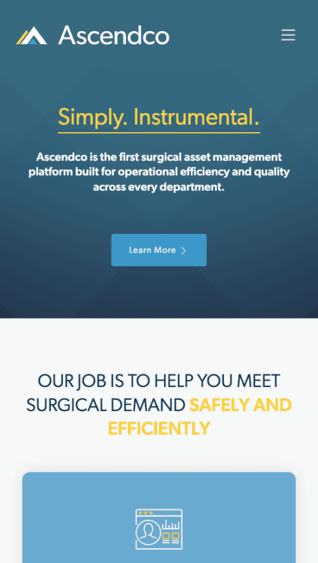 A website featuring Ascendco Health with a blue and yellow background.