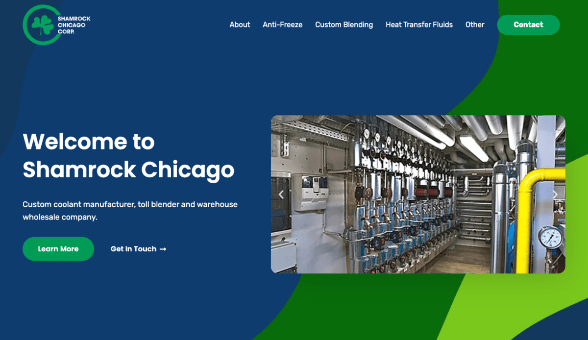 A website design for Shamrock Chicago featuring green and blue colors.