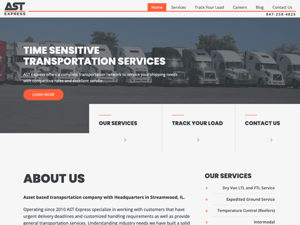 A website for AST Express, a trucking company.
