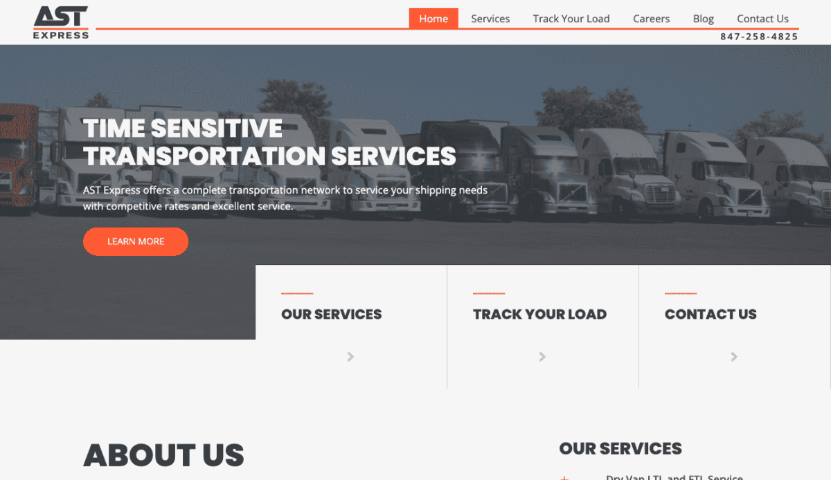Screenshot of AST Express homepage showing navigation menu, company overview, services, mission statement, contact info, and a red Contact Us button. The layout features white, grey, and orange color elements.
