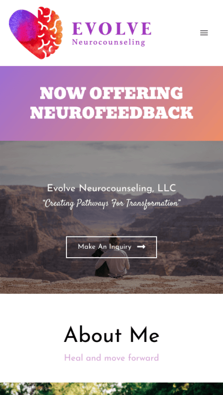 The homepage of Evolve Neurocounseling LLC featuring a pink and purple background.