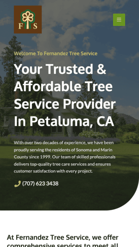 The homepage of Fernandez Tree Service website with a green background.