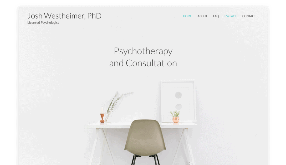 A website design featuring a white background and a white chair developed by Josh Westheimer, PhD.