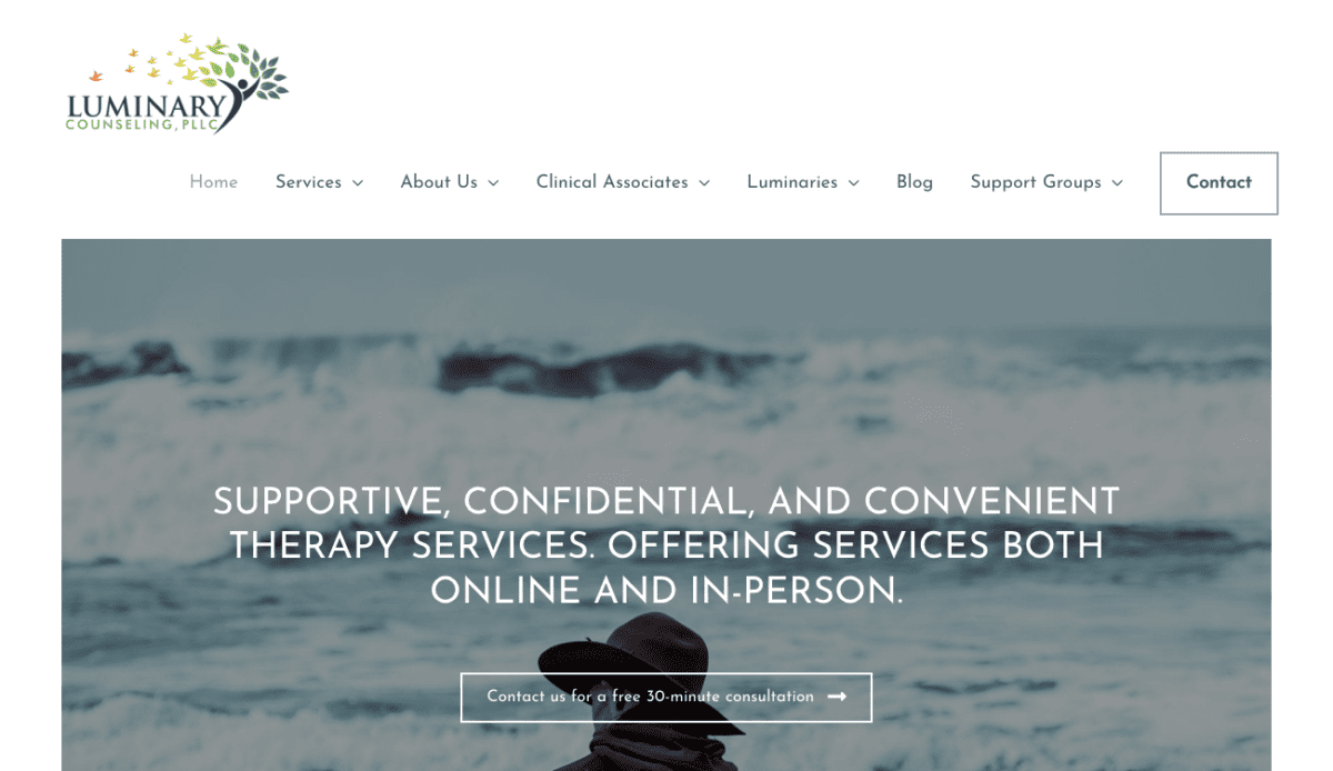 The homepage of Luminary Counseling with a picture of the ocean.