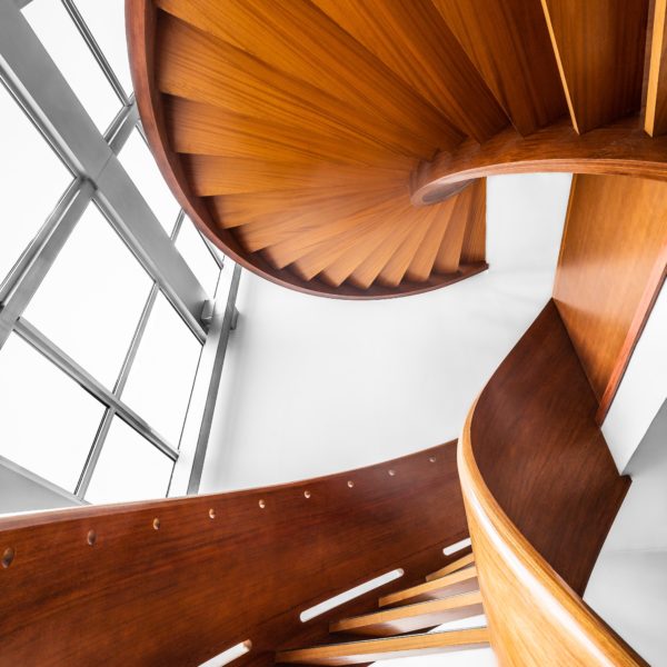 A spiral staircase displaying modern architecture.