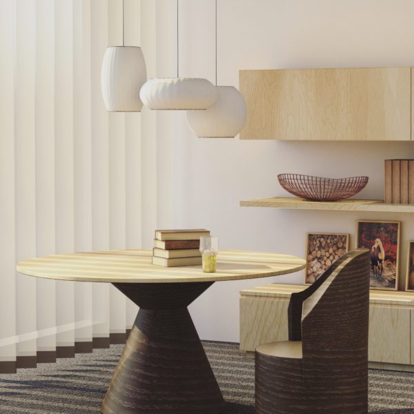 A modern dining room with a wooden table and chairs featuring interior design elements.