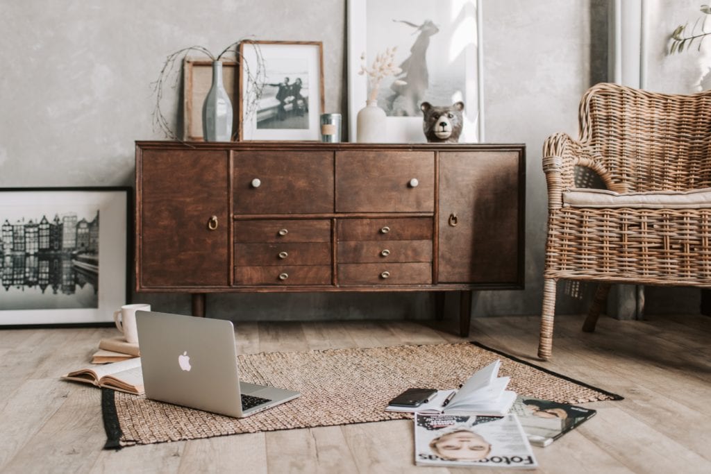 Interior Design: Laptop, rug, chair.