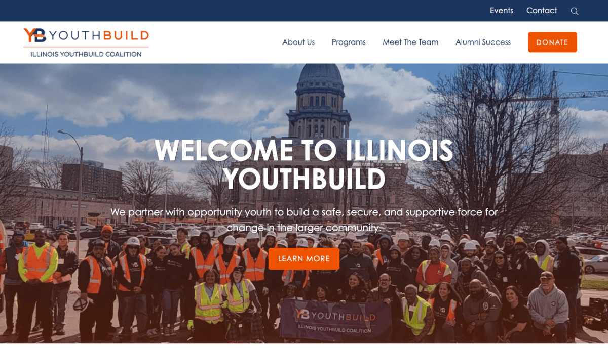 A website design for IL YouthBuild with orange and blue colors.