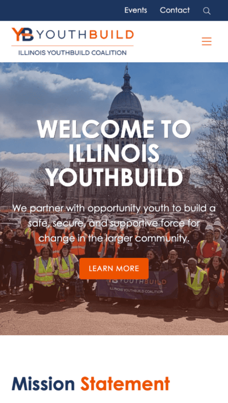 A website for IL YouthBuild featuring an orange and blue background.