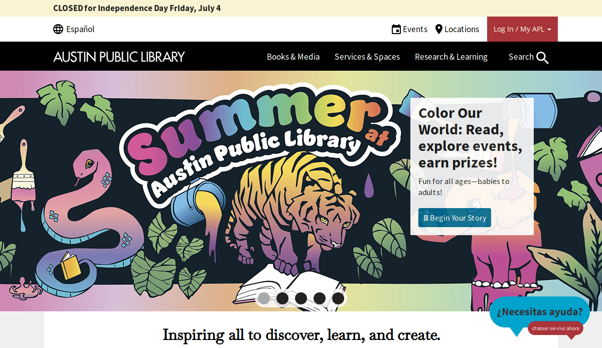 Colorful Austin Public Library homepage, featured on top library websites, showcases “Summer at Austin Public Library” artwork with a tiger, snake, and jungle plants. A pop-up invites users to join a reading program and displays navigation links above.