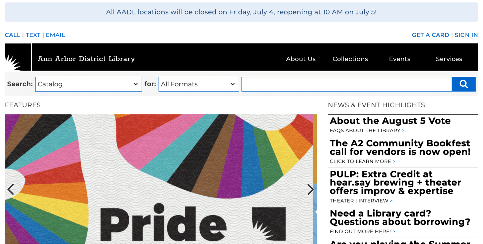 Screenshot of the Ann Arbor District Library website homepage, one of the top library websites, featuring a search bar, navigation links, and a colorful Pride banner. A closure notice appears at the top, with news and events listed on the right.