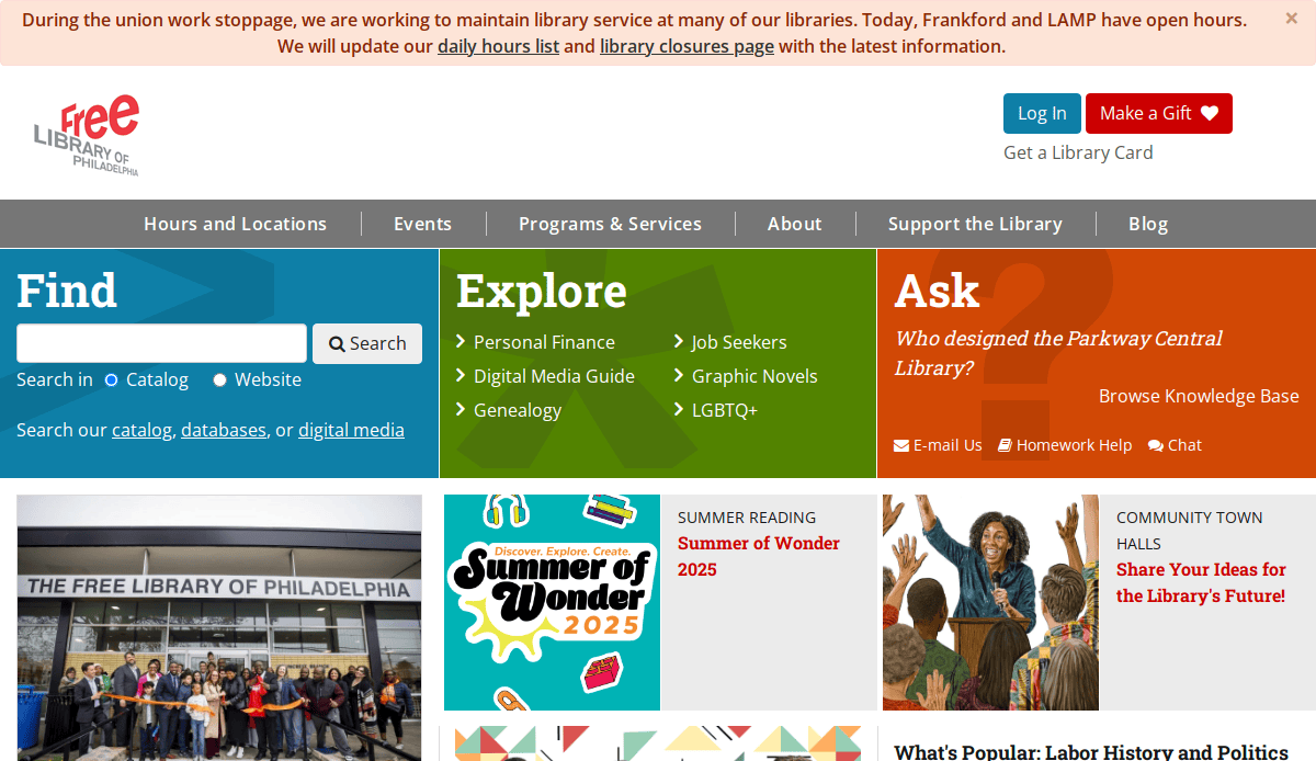 Screenshot of the Free Library of Philadelphia homepage, showcasing excellent library website design with sections for resources, topic exploration, and questions. A top banner notifies users about reduced services due to a union work stoppage.