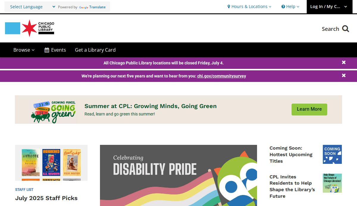 Screenshot of the Chicago Public Library website homepage, a prime example of library website design, featuring banners about closures, summer reading programs, Disability Pride Month, staff picks, and links to news and resources.