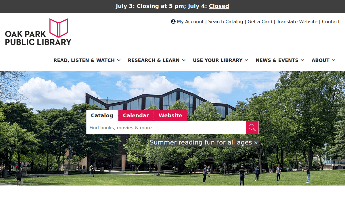 Screenshot of the Oak Park Public Library website homepage, showcasing a search bar, navigation menu, modern library building, trees, and people on the lawn. A summer reading banner sits below—an example of one of the best library websites.