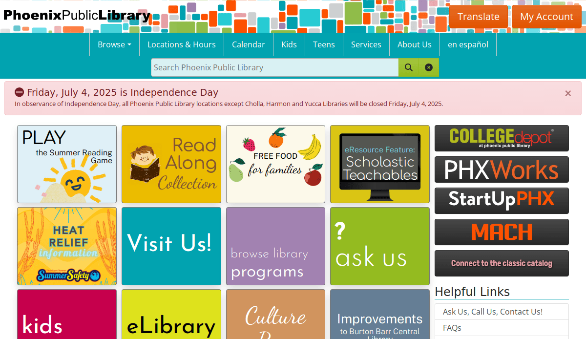 Screenshot of the Phoenix Public Library website featuring colorful tiles, a July 4, 2025 closure banner, and user-friendly options—showcasing top library website design with easy search, locations, library card info, and language selection.