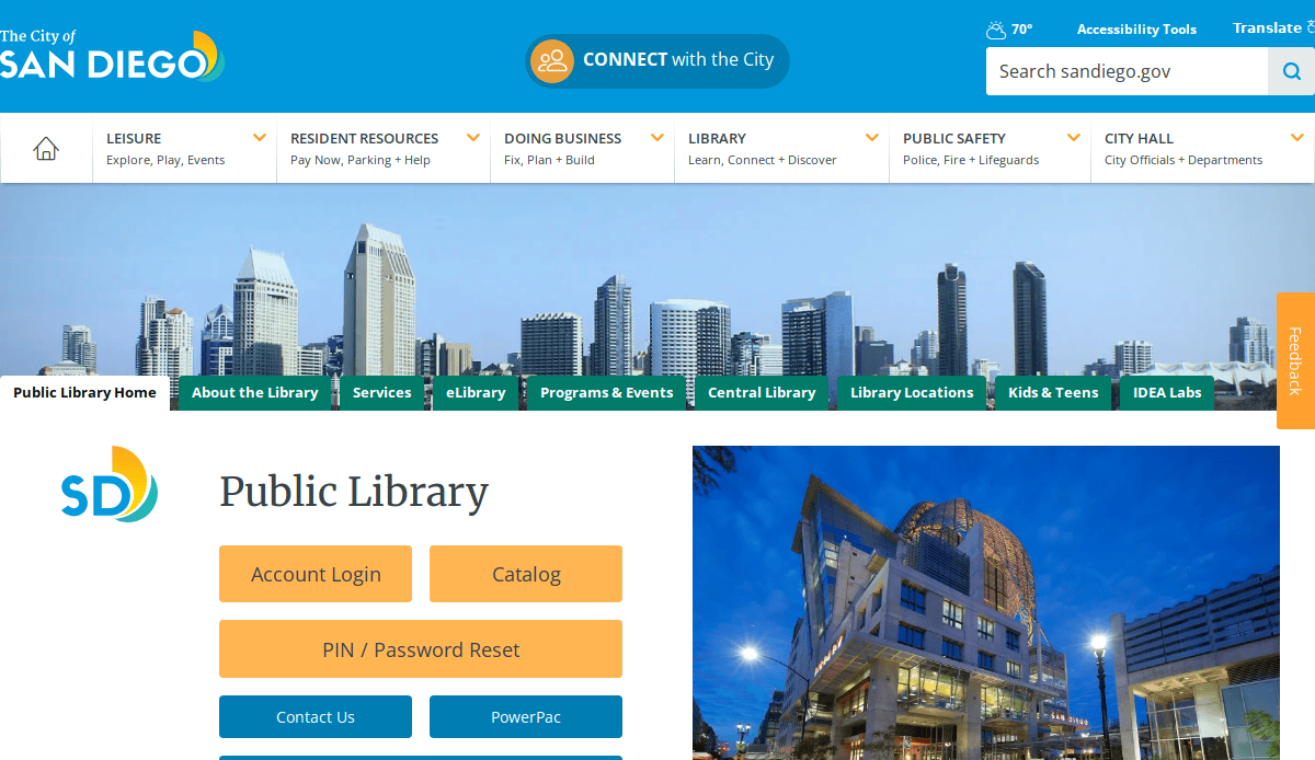 Screenshot of the City of San Diego Public Library webpage, showcasing a city skyline banner, user-friendly navigation menus, and options for Account Login, Catalog access, and PIN/Password Reset—a standout example of library website design.