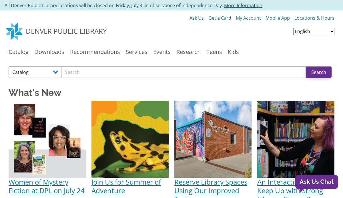 Screenshot of one of the best library websites: the Denver Public Library homepage, featuring a navigation menu, search bar, Whats New section with event links, and a blue banner noting closure on July 4th.