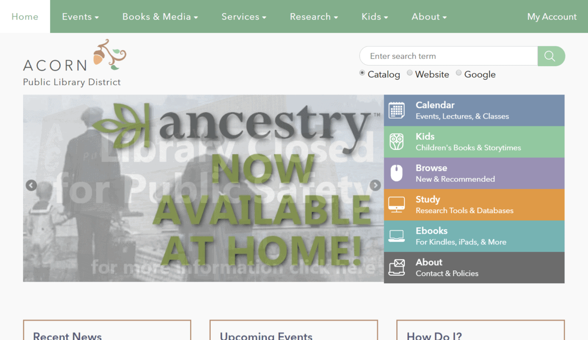 Screenshot of a public library website announcing Ancestry Now Available At Home! Showcasing thoughtful library website design, the right navigation menu features Calendar, Kids, Browse, Study, Ebooks, and About sections.