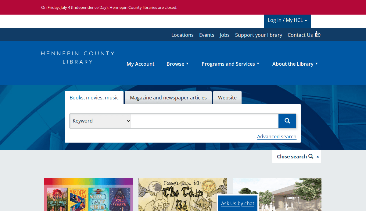 Screenshot of the Hennepin County Library website homepage, showcasing Library Website Design with a search bar for books, movies, and music, navigation menus, colorful book covers below, and a red banner announcing library closure for Independence Day.