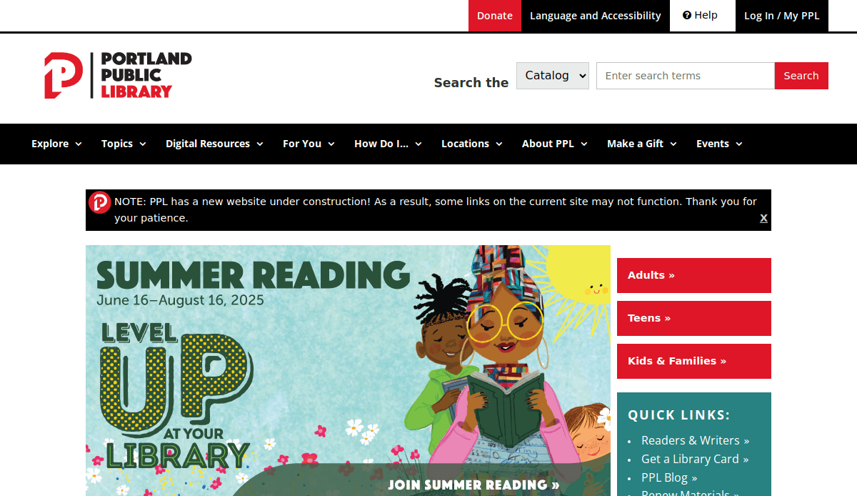 Screenshot of the Portland Public Library website—one of the top library websites—showing a banner for the 2025 Summer Reading program, navigation menus, and a notice about a new website under construction.