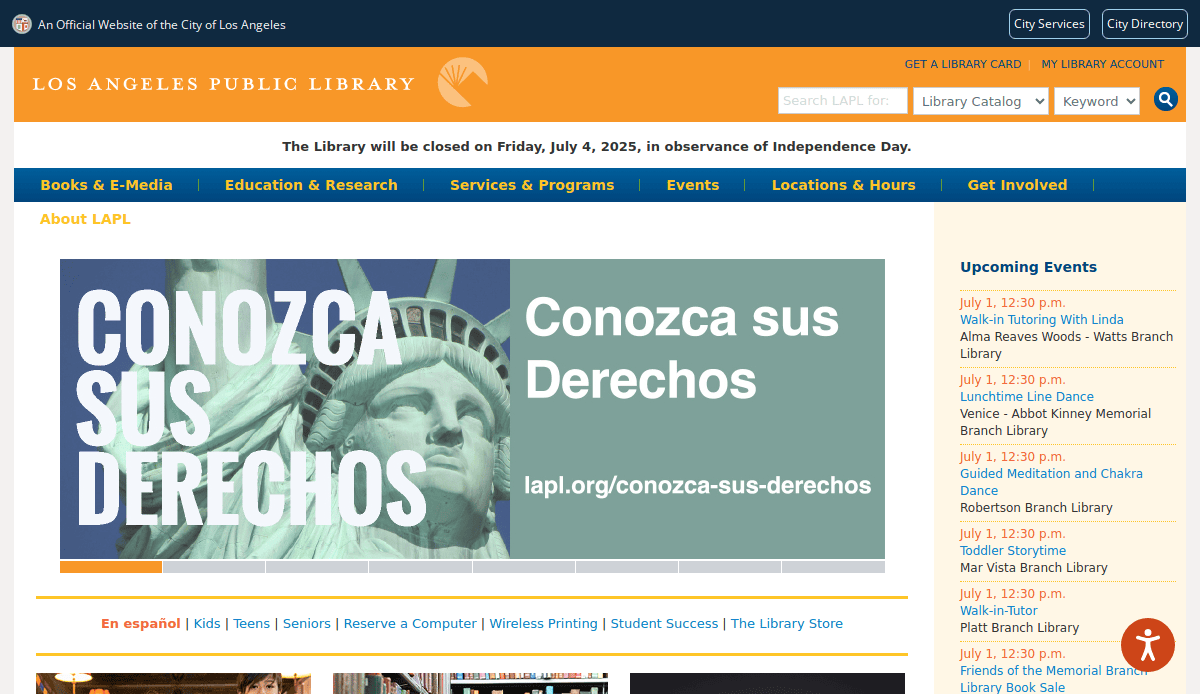 Screenshot of the Los Angeles Public Library website homepage, one of the best library websites, featuring a banner in Spanish reading Conozca sus Derechos next to the Statue of Liberty and a sidebar listing upcoming library events.