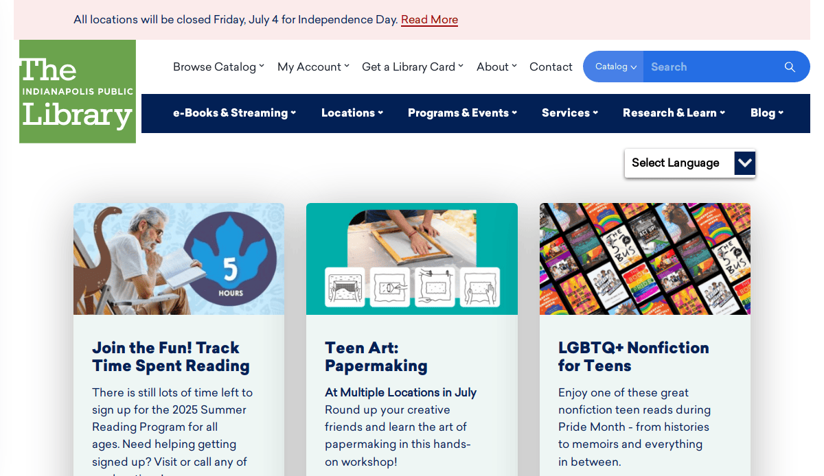 Screenshot of the Indianapolis Public Library website, an example of the best library websites, featuring a navigation menu, summer reading tracker, teen art papermaking, LGBTQ+ nonfiction for teens, and a July 4th closure notice.