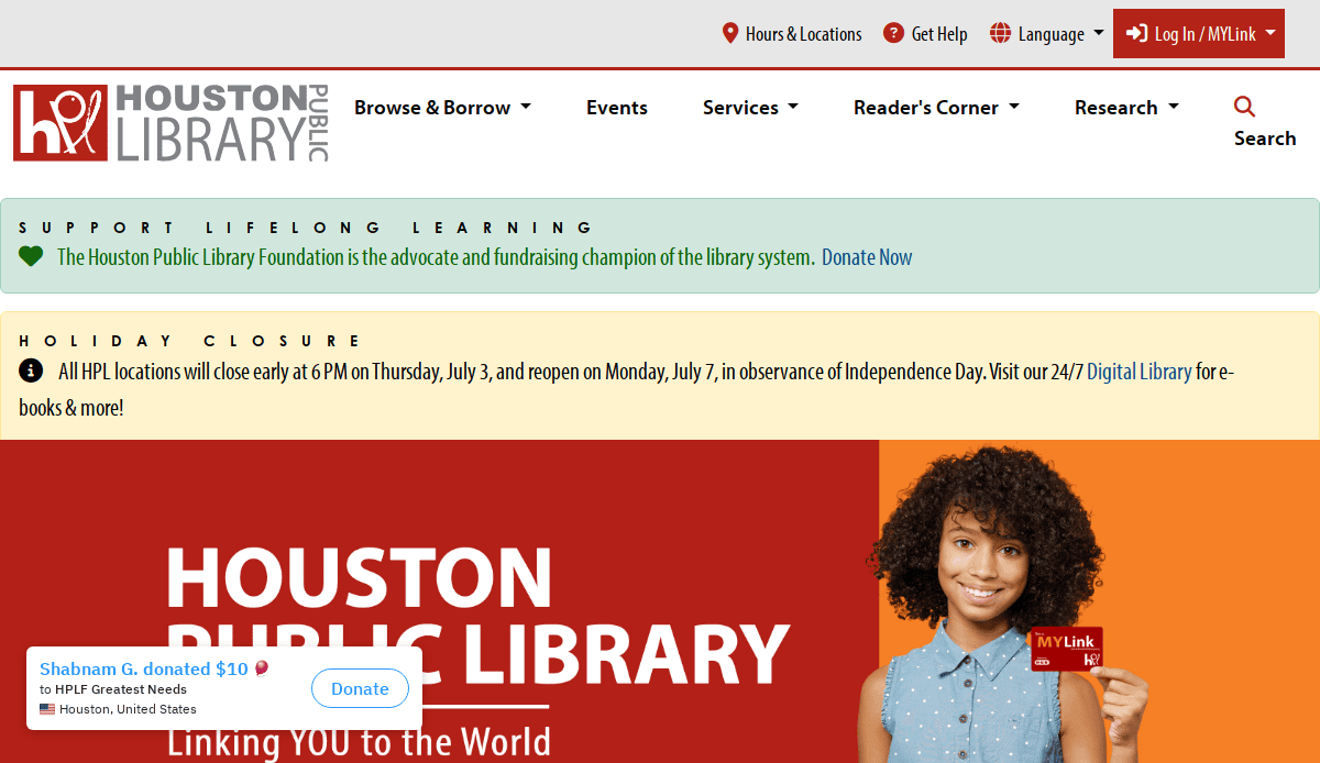 Screenshot of the Houston Public Library website homepage, showcasing its library website design with navigation links, a holiday closure notice, and a smiling woman with curly hair on a red background holding a My Link library card.