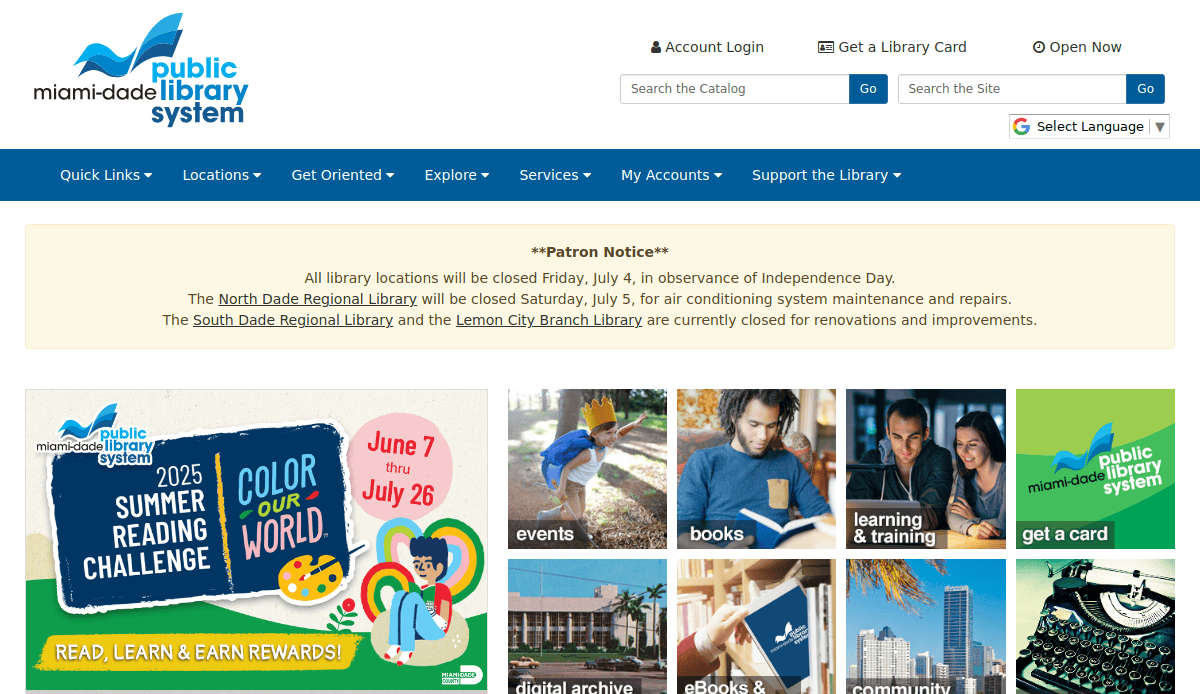 Screenshot of one of the top library websites, the Miami-Dade Public Library System homepage, featuring an Independence Day closure banner, easy navigation menus, and vibrant tiles for events, books, learning resources, eBooks, and the 2025 Summer Reading Challenge.