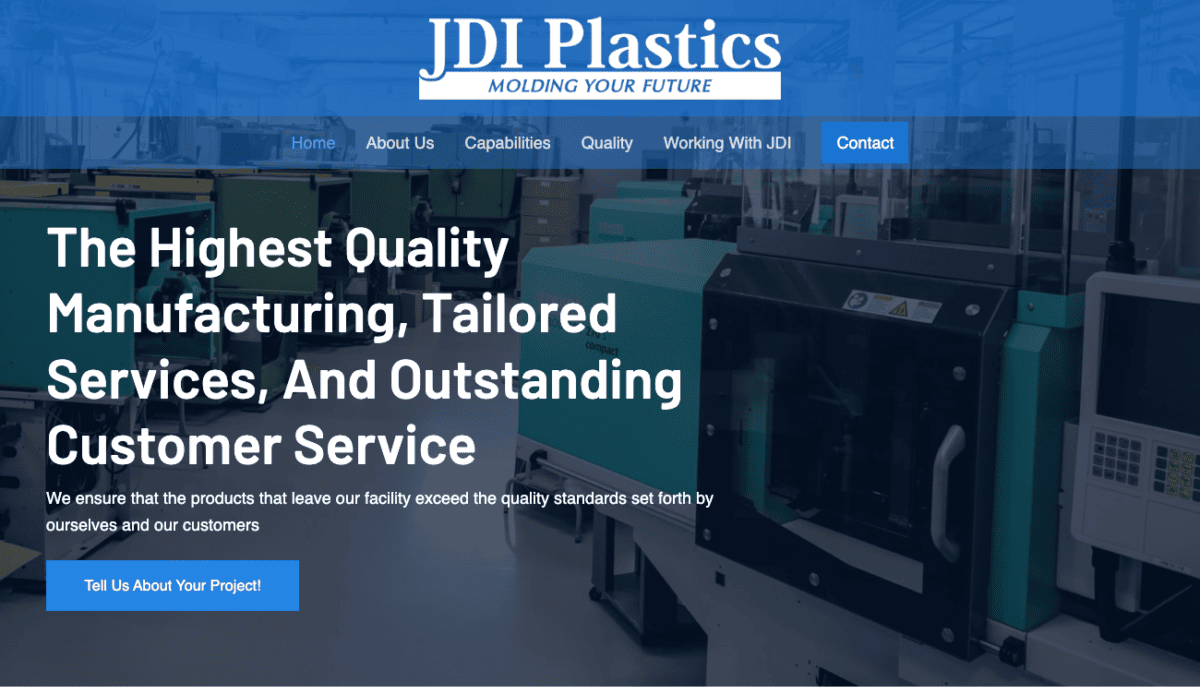 A blue and white website design for JDI Plastics.