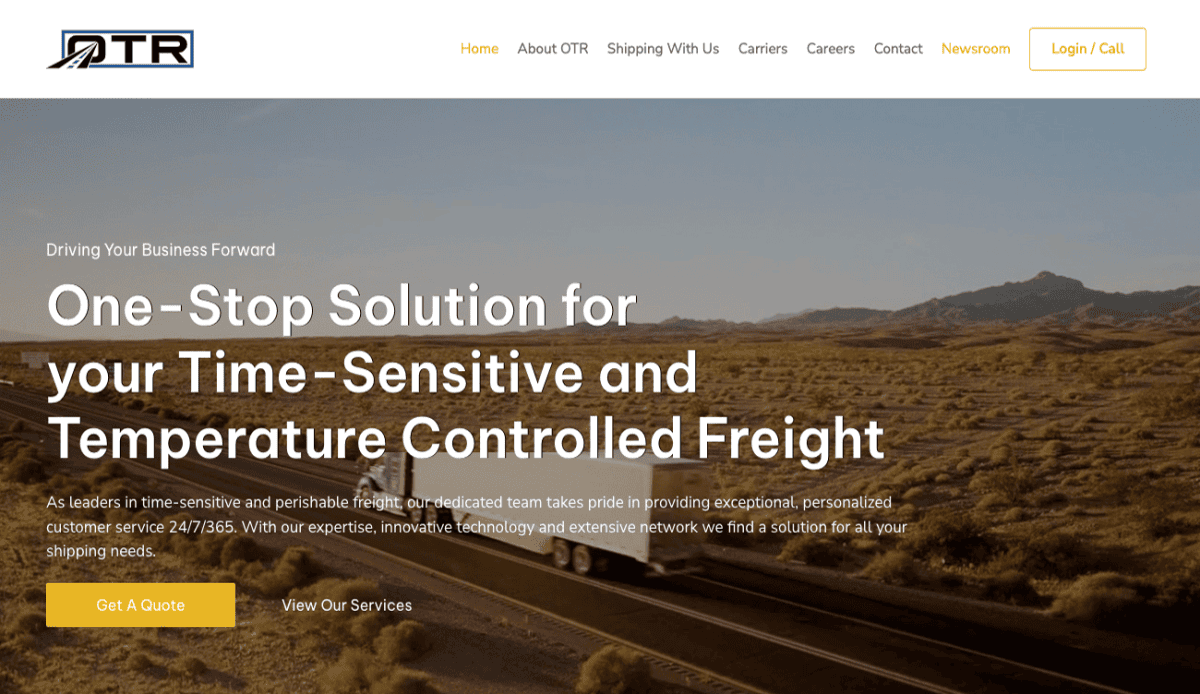 A freight company website features detailed service descriptions, client testimonials, a dedicated team careers section, and a quote request form—all highlighted by images of trucks, logistics operations, and shipping containers. The clean, modern layout exudes a professional corporate feel while emphasizing the company’s expertise in OTR transportation and reliable freight shipping services.